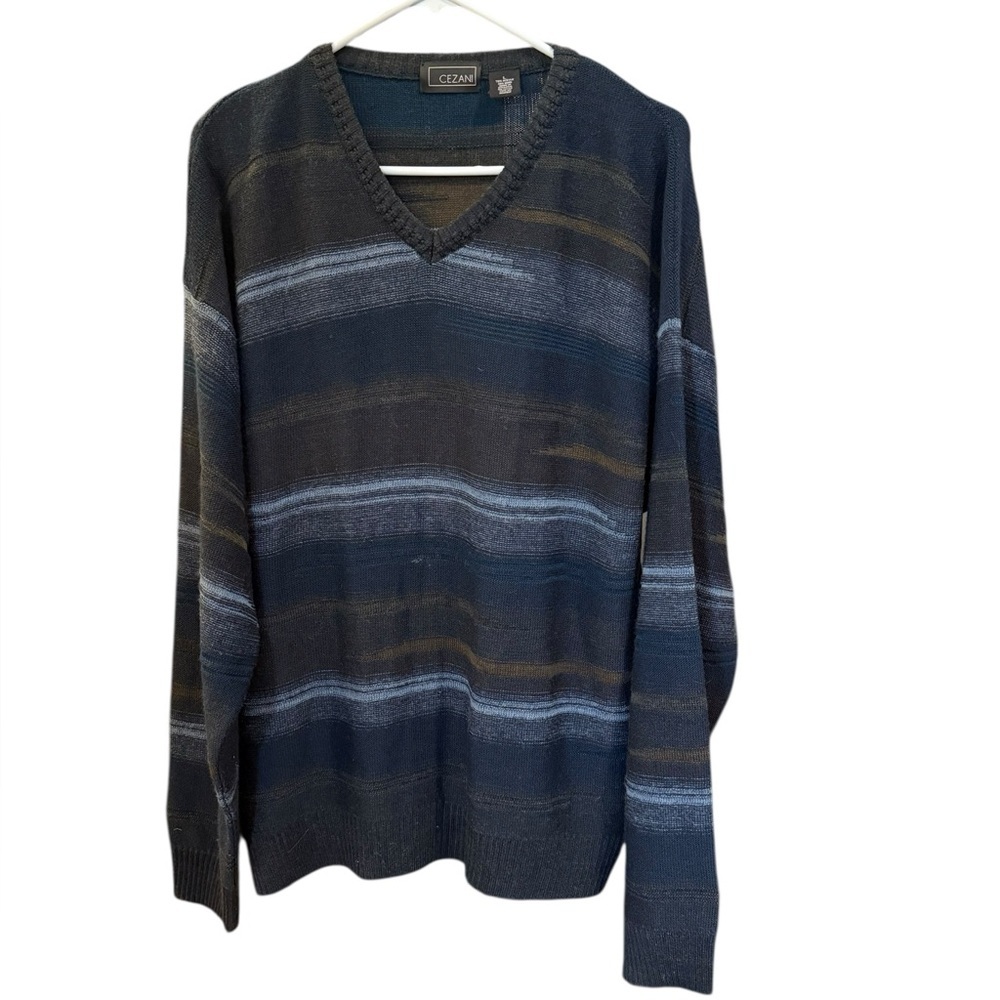 Cezani Striped Wool Blend Sweater Men’s Large V-Neck Navy Blue Gray